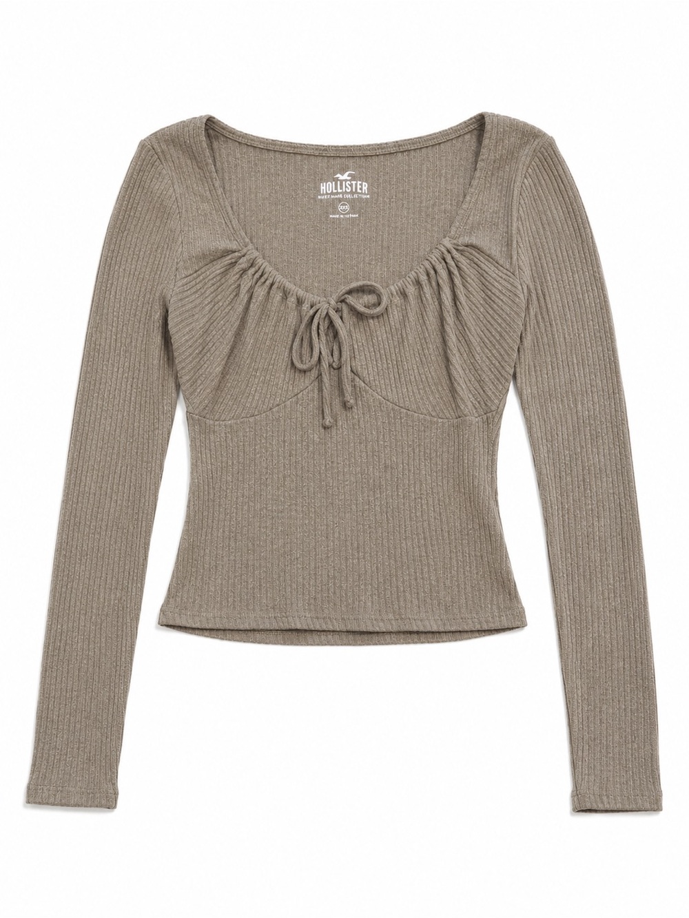 Hollister Must-Have Collection Ribbed Ruched Bust Long Sleeve Top Brown XXS
